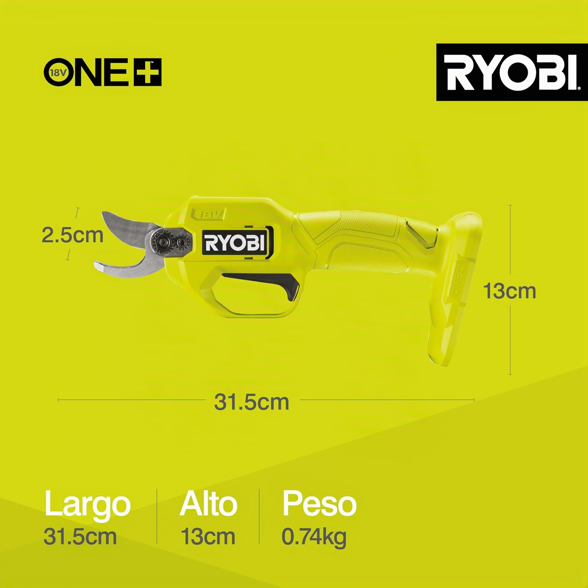 RYOBI - Podadora Inalámbrica 18V One+ 20cm, Peso 0,74kg - Capacidad de Corte 20/25 mm - Corta Tallos, Ramas y Arbustos sin Esfuerzo - hasta 1500 Cortes con Batería 1,5 Ah (No Incluida) - RY18SCA-0