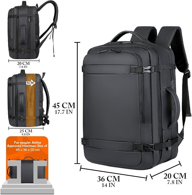 BAGZY Férfi Laptop Hátizsák 17" - Vízálló, Bővíthető 30-40L Utazótáska USB Töltőporttal, Kézipoggyász Méret 45x36x20cm, Fekete