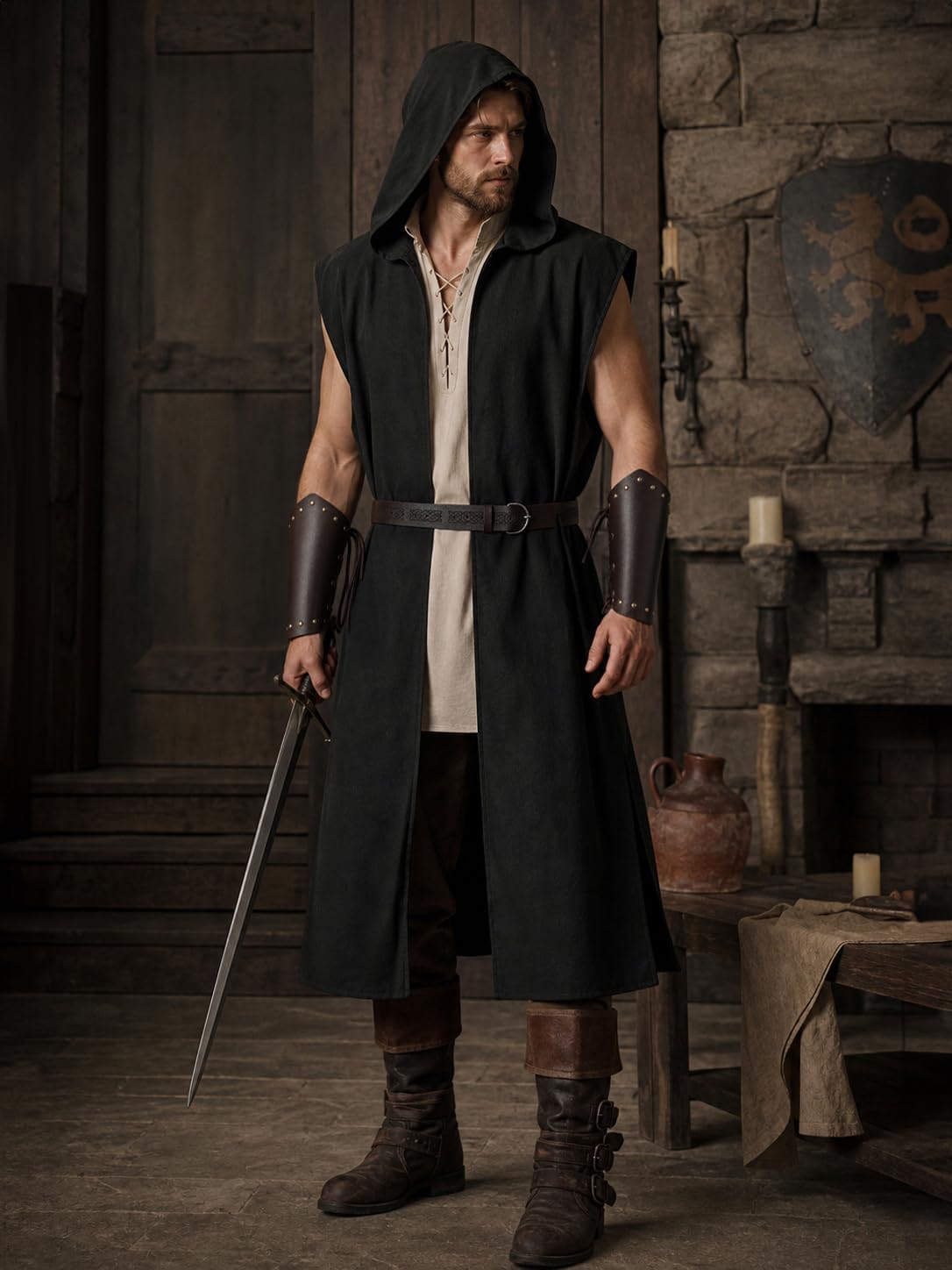 UQJE Mens Medieval Hooded Sleeveless Surcoat Faux Linen