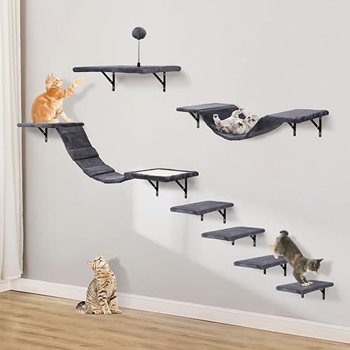 Miniatura 7 de Juego de trepador de gato montado en la pared con estantes de escalada, perchas, puente, hamaca, tabla de rascar y pelota, 7 muebles de madera para