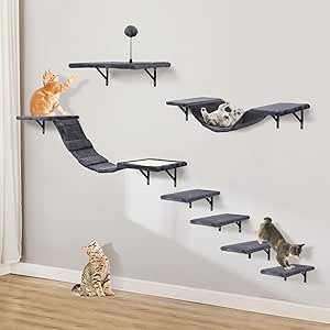 Wall-Mounted Cat Climber Set with Shelves, Perches, Bridge, Hammock, Scratching Board & Ball - 7 Pcs Wood Indoor Cat Furniture for Kittens Play (Dark Grey)