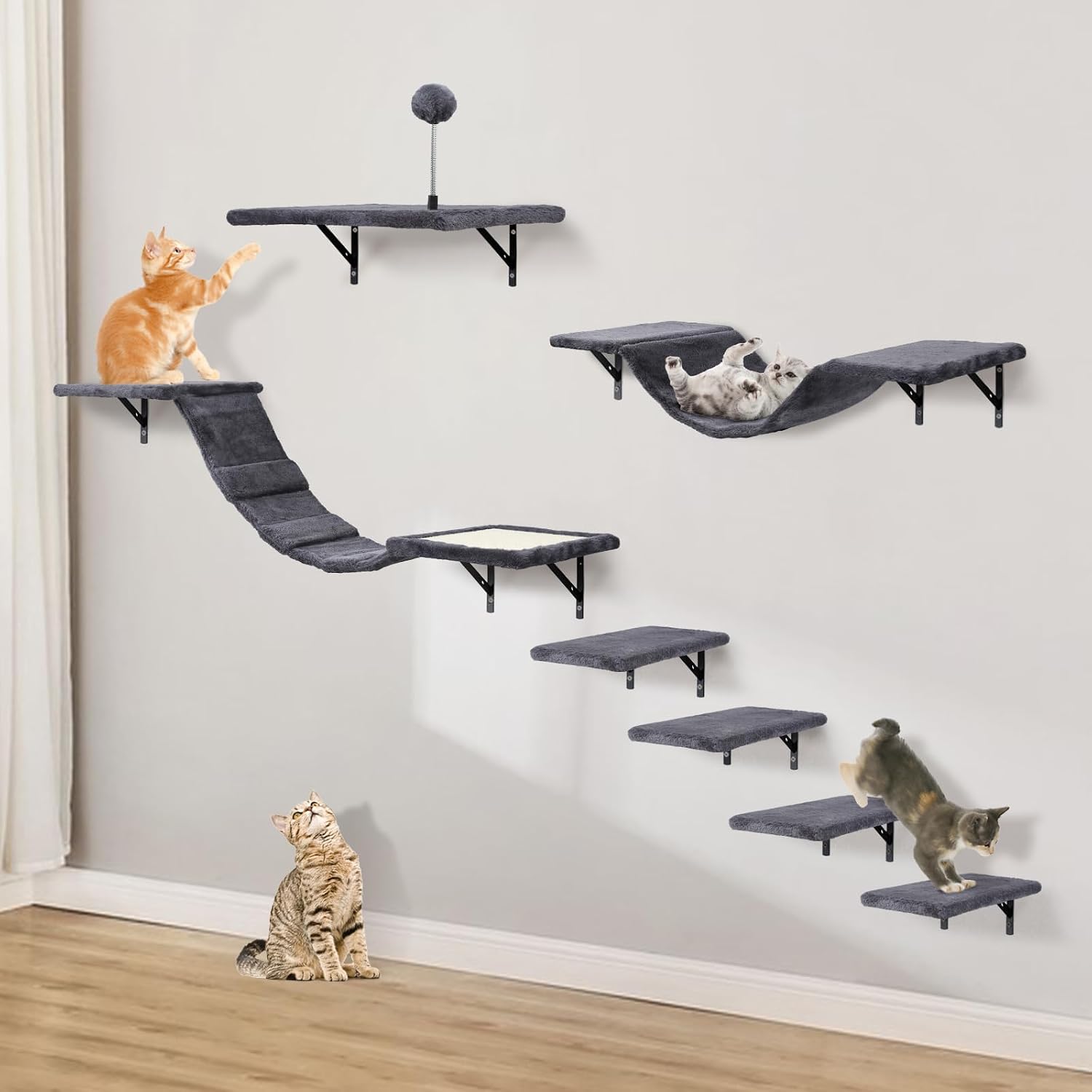 Wall-Mounted Cat Climber Set with Climbing Shelves, Perches, Bridge,Hammock,Scratching Board & Ball - 7 Pcs Wood Indoor Ca... - Review, Price and Buying Guide