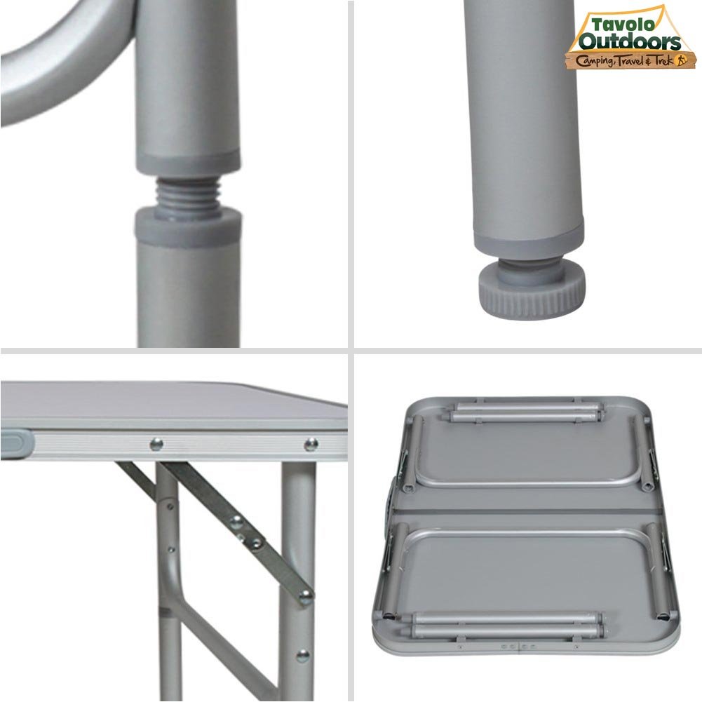 BAKAJI Tavolo Camper Campeggio Picnic Struttura Alluminio Piano in Formica Piedini regolabili in 2 Altezze 25/50cm Pieghevole a valigetta per spiaggia o giardino (60 x 45 x 50 cm)