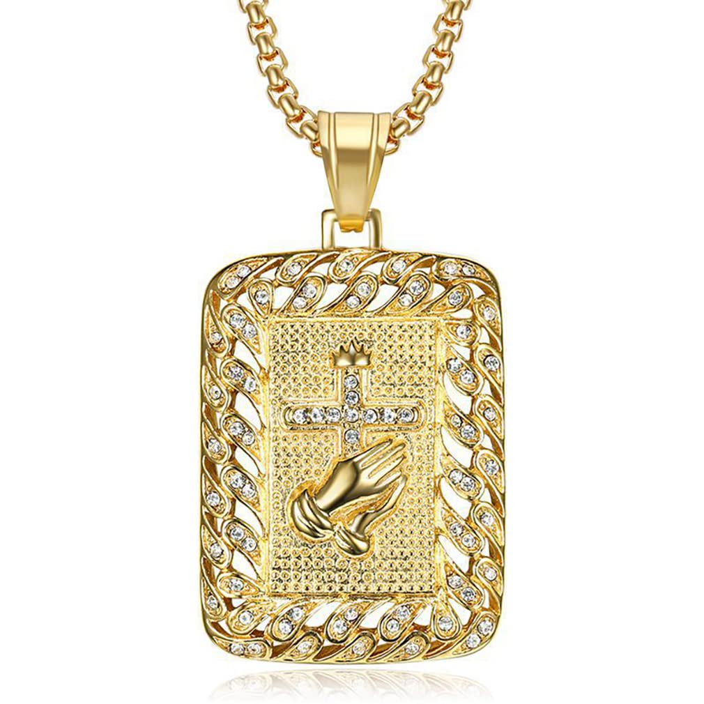 YAHOYA Fashion Luxury Religious Square Praying Hands Cross Pendant Necklace Gold Color Inlaid Zircon Christian Necklace Men Jewelry