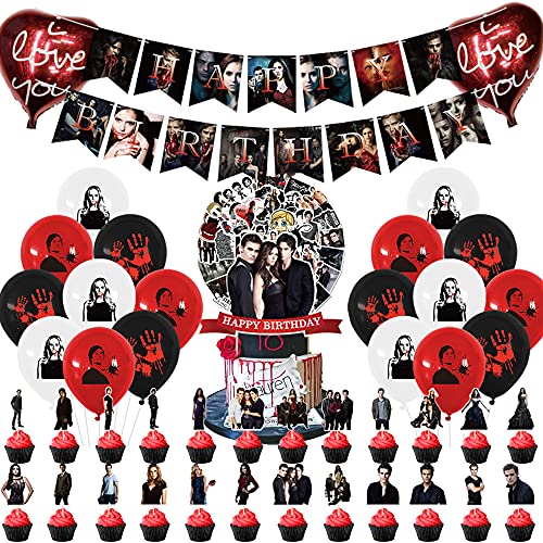 vaennsele 96 Pcs The Vampire Diaries birthday party supplies,American Vampire Movie Sticker for Vampire Diaries theme birthday party Decor,happy birthday banner,cake topper, balloons,Aluminum balloon