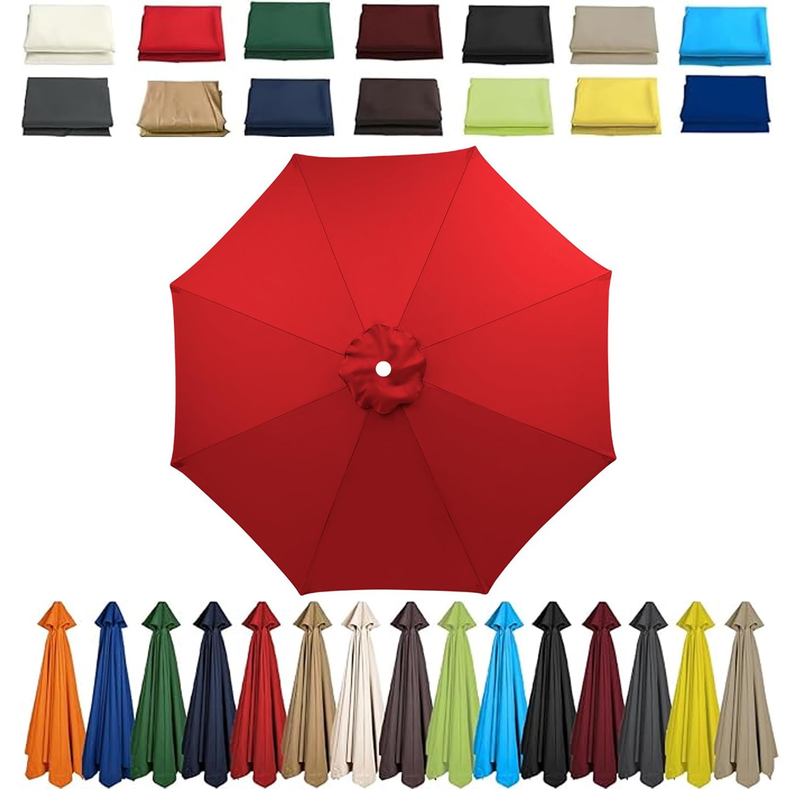 Garden Parasol Umbrella 4m/3.5m/3m/2.7m/2.5m/2.3m/2m Patio Outdoor Sun Shade Replacement Canopy 6 Arms/8Arms for Beach Pool Lawn Backyard Deck Waterproof UV 50+ (Red,8ribs:2.7M/8.8ft)