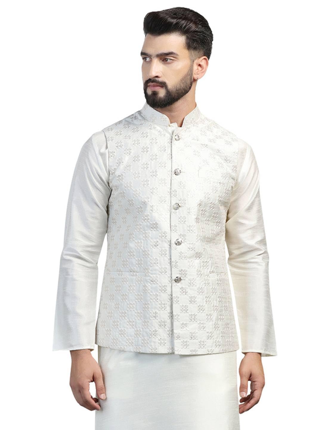 tahvo Men White Embroidered Jacket Sleeveless Nehru Jacket-picture-24