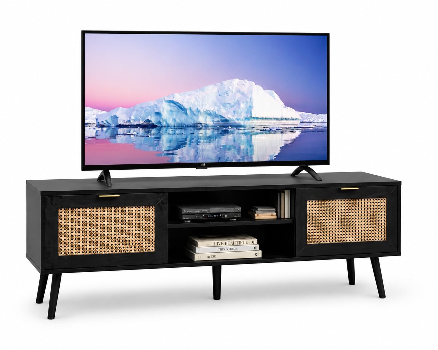 Home Stuff Plus TV Stand Cabinet - Black Rattan TV Stand With 2 Shelves and Cupboards For Storage - 5 Solid Pine Legs TV Unit For Bedroom Living Room Furniture W150XD40XH52cm