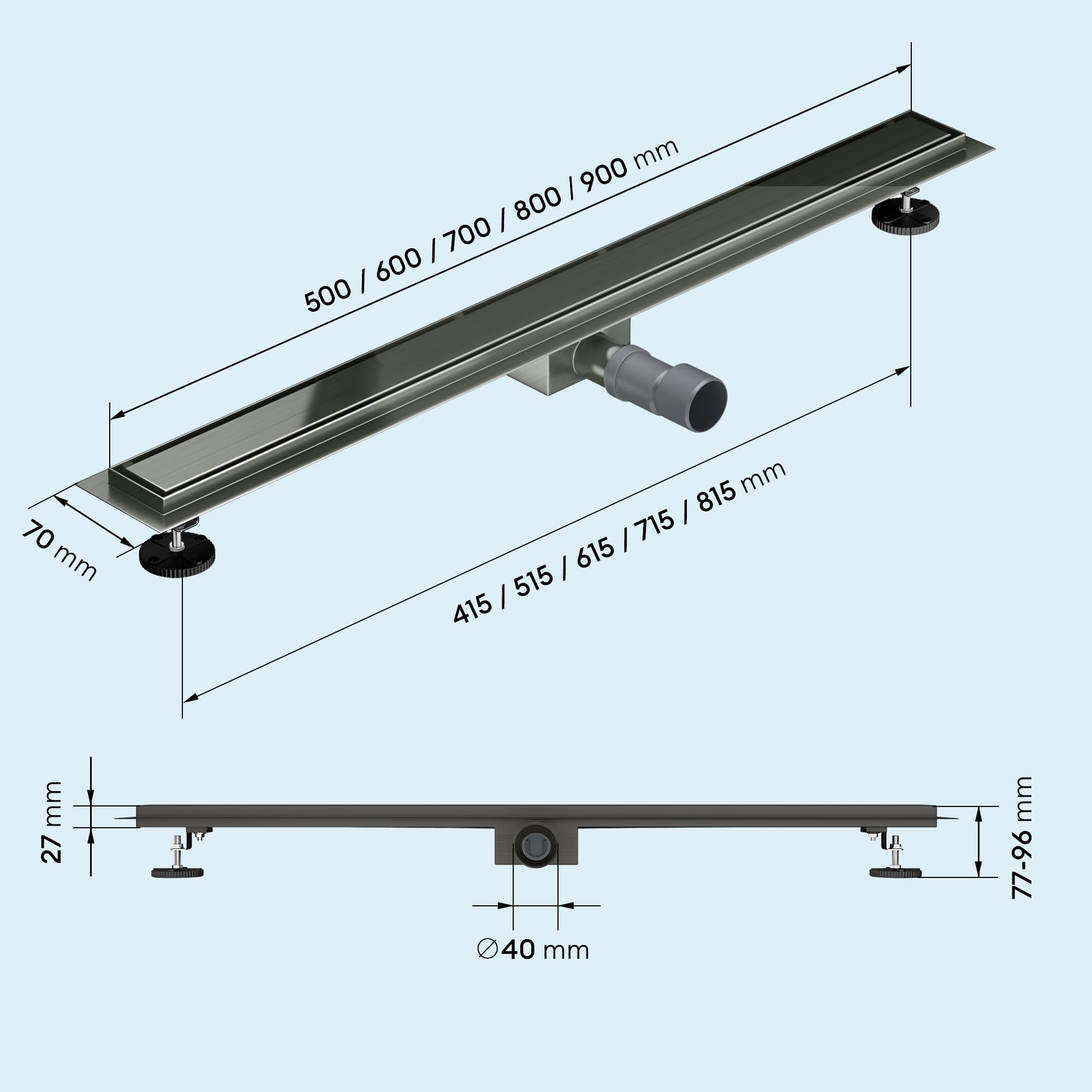 doporro Komplettset Duschrinne 70 cm aus Edelstahl, Bodenablauf in Grau | Design Duschrinne Dusche Duschablauf mit Gruchstop und Haarsieb befliesbar Duschabfluss KE110