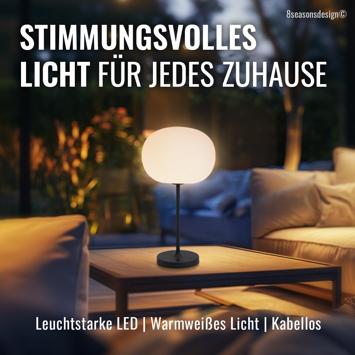 8 seasons design LED Akku Tischlampe, innen & außen, 42 cm - Glowing Elegance - dimmbar, warmweiß, wetterfest - kabellos, USB-C & Powerbank-Funktion - Terrasse, Garten & Wohnbereiche