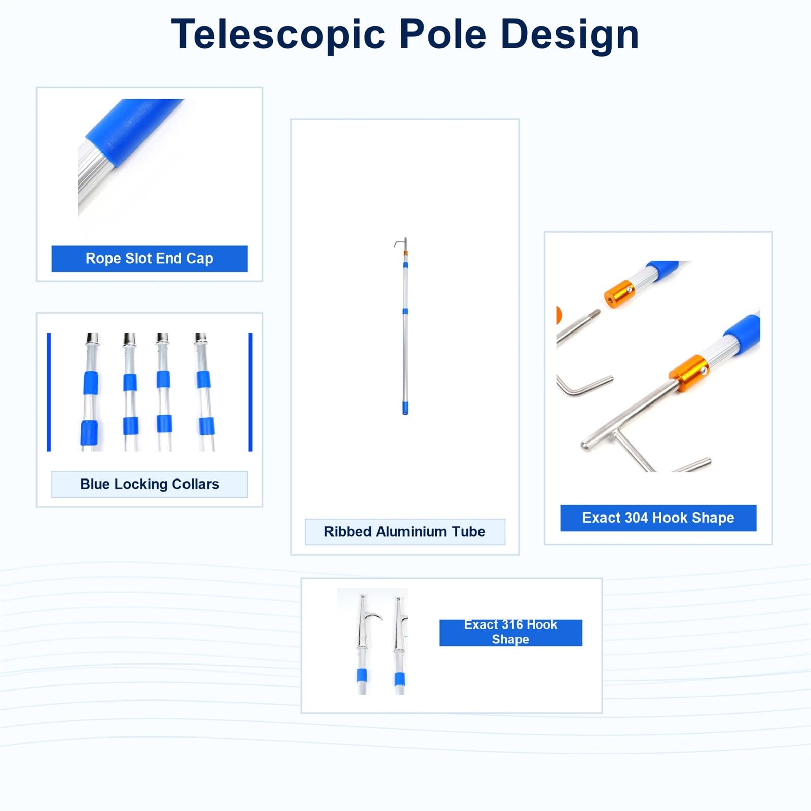 Bastone di Attracco Portatile Asta telescopica di Recupero Gancio per Barca Manico Antiscivolo Acciaio Inossidabile per ormeggio,Salvataggio,Gestione delle Cime e Sicurezza