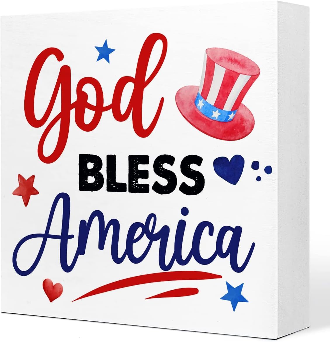 God Bless America Box Sign 7x7 Inch Patriotic Wooden Table Decor