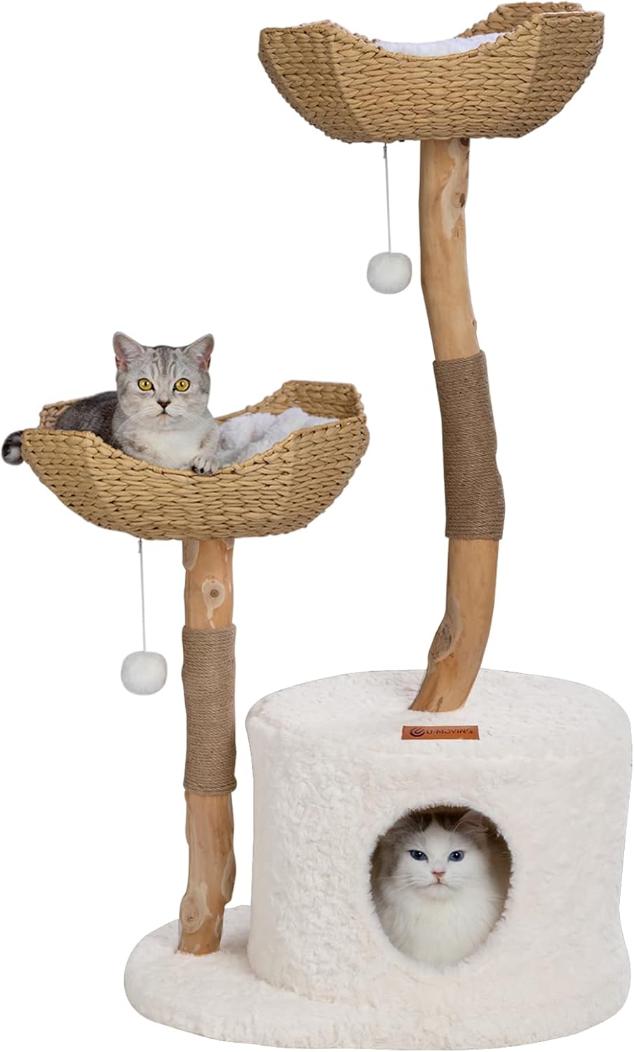 U-Moving 46" Natural Wood Cat Tree for Large Cats – Modern Feline Tower with Scratching Posts, Real Branch Design & Luxury Gift for Cat Lovers
