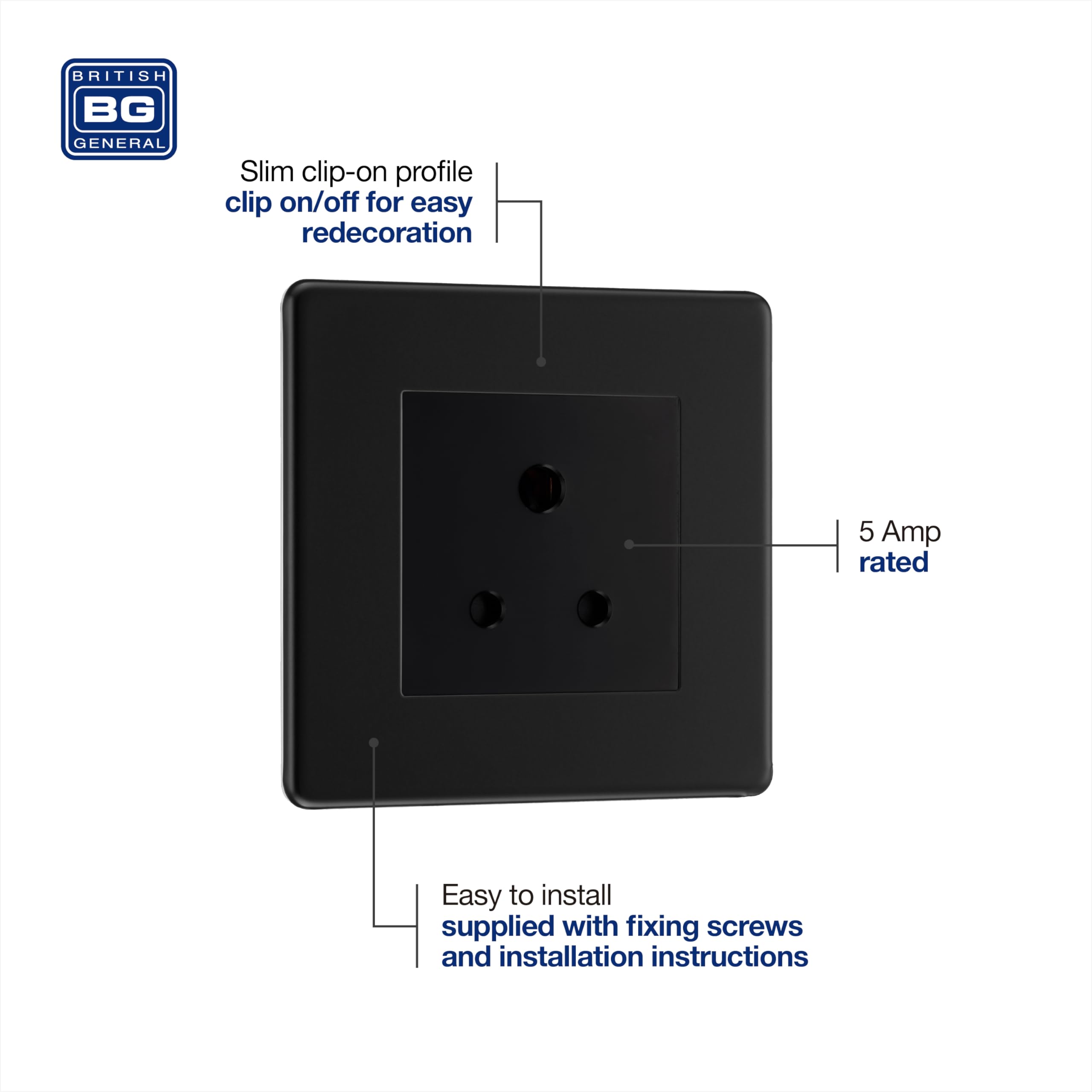 Screwless Flat Plate Matt Black Single Round Pin Unswitched 5A Socket (Black Insert) - Image 3