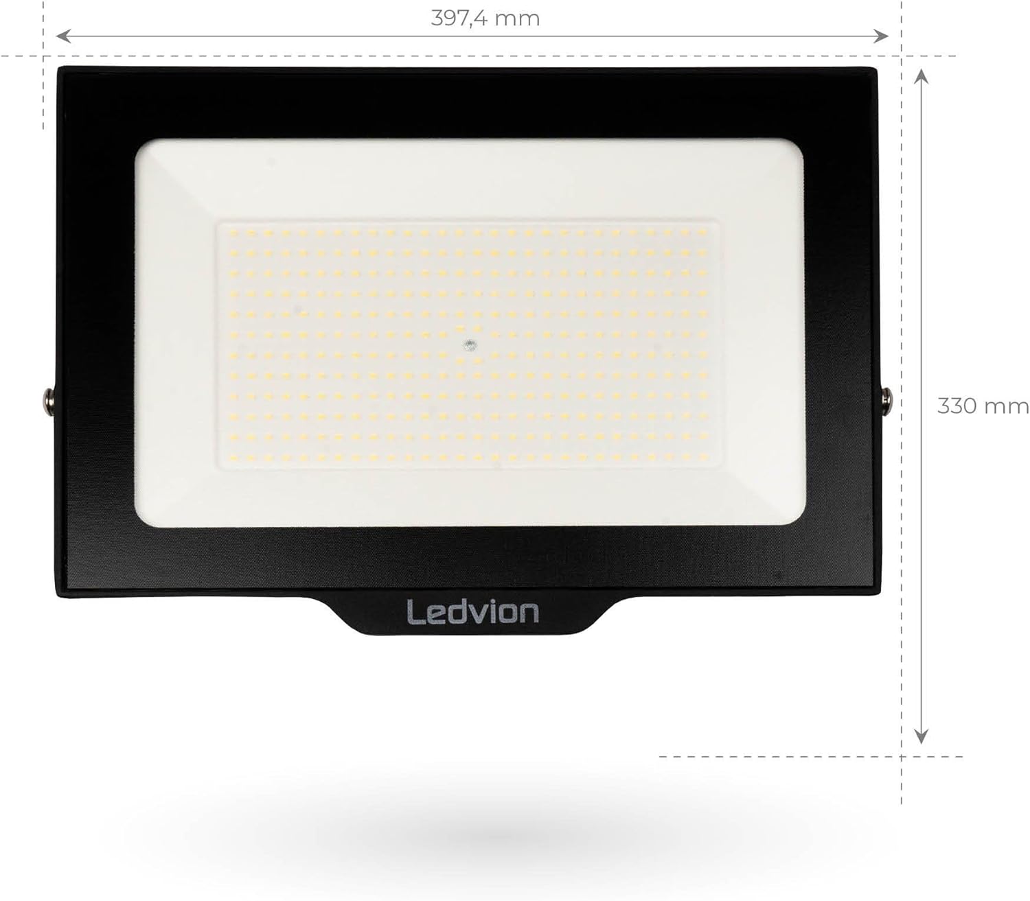 Aghaidh view dimensions of the Ledvion floodlight: 397.4 mm width, 330 mm height