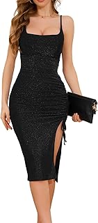 Women's Square Neck Side Slit Sparkly Glitter Ruched Bodycon Cocktail Night Club Party Midi Dress - Buy now