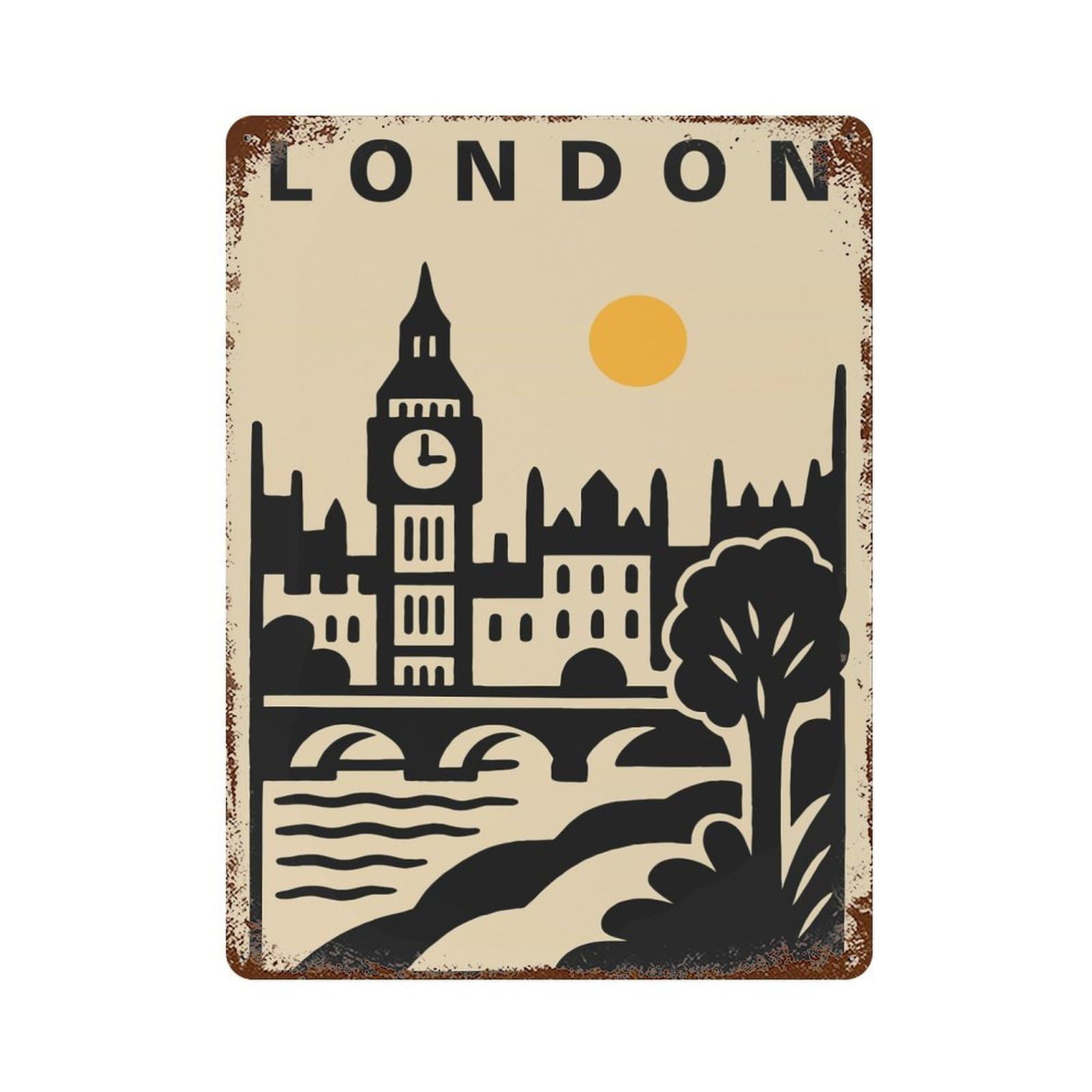 London Cityscape Illustration Retro Metal Sign 15.7"x11.8", Classic Wall Plaque for Basement, Hobby Room And Garage Decor