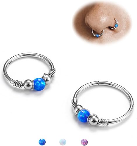 BodyBonita Opal Nose Rings Hoops - 316L Surgical Steel Septum Ring for Women Con