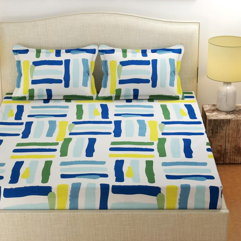 Image of Jashan Premium Cotton Fitted Bedsheets with 2 Pillow Covers for King Bed | 200-220 TC | Size 78x72+10 Inches | Blue Green | Soft, Durable, All-Around Elastic Modern Collections