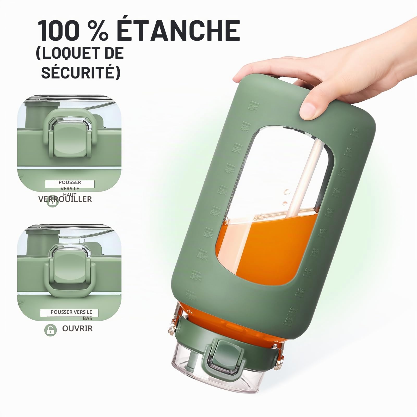 BLUEGO 2500ml Bouteille d'eau en verre avec poignée en acier inoxydable 2,5L Grande Gourd avec marqueurs de temps et manchon en silicone Carafe à eau Sans BPA pour sport, Olive