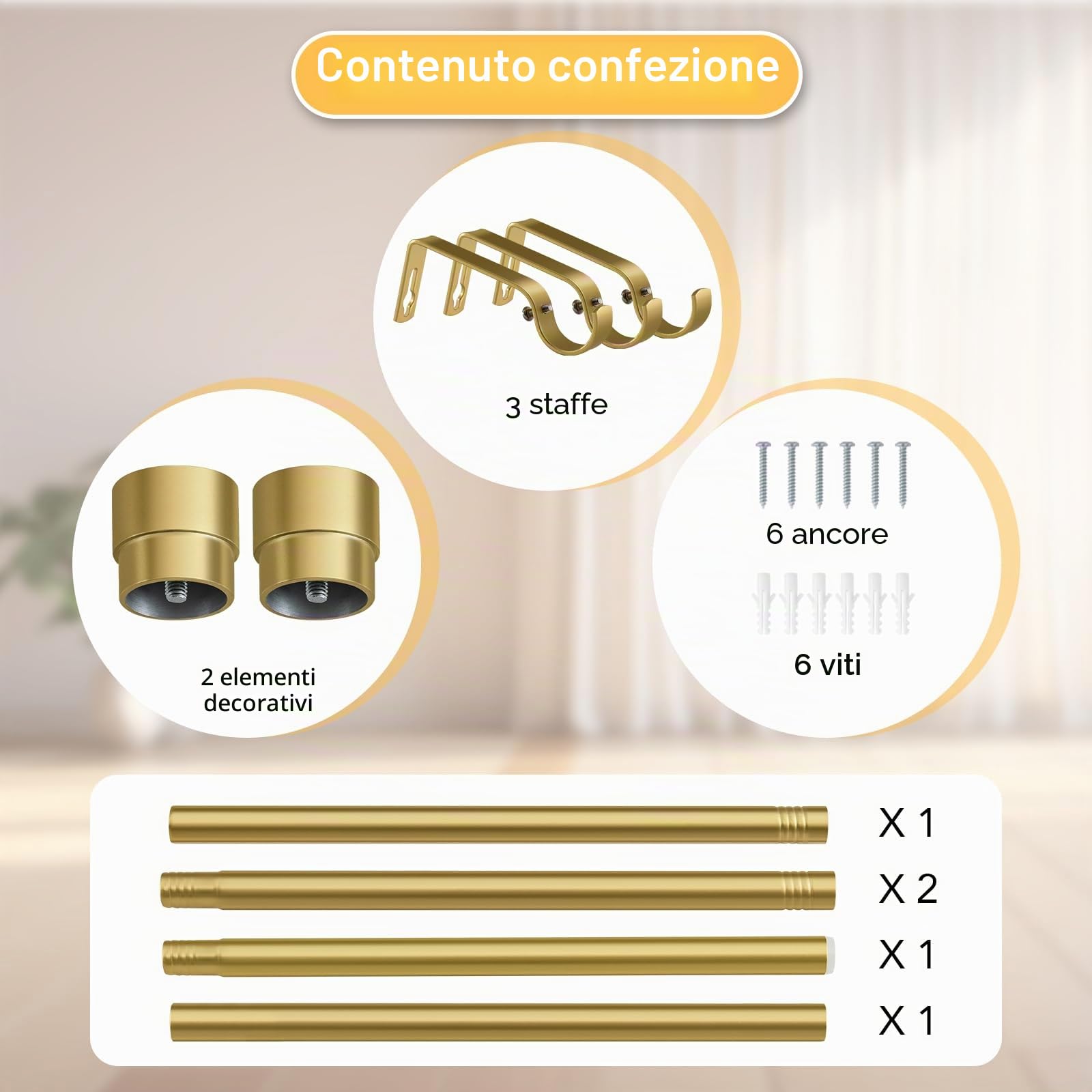 BellaHills 1 Pezzi 76-190cm Bastone Tenda, Asta Per Tende Bastone Per Tenda Da Interno in Diametro 25mm, Moderni Bastoni Per Tende Allungabili Con Staffe Per Camera Da Letto Soggiorno, Oro