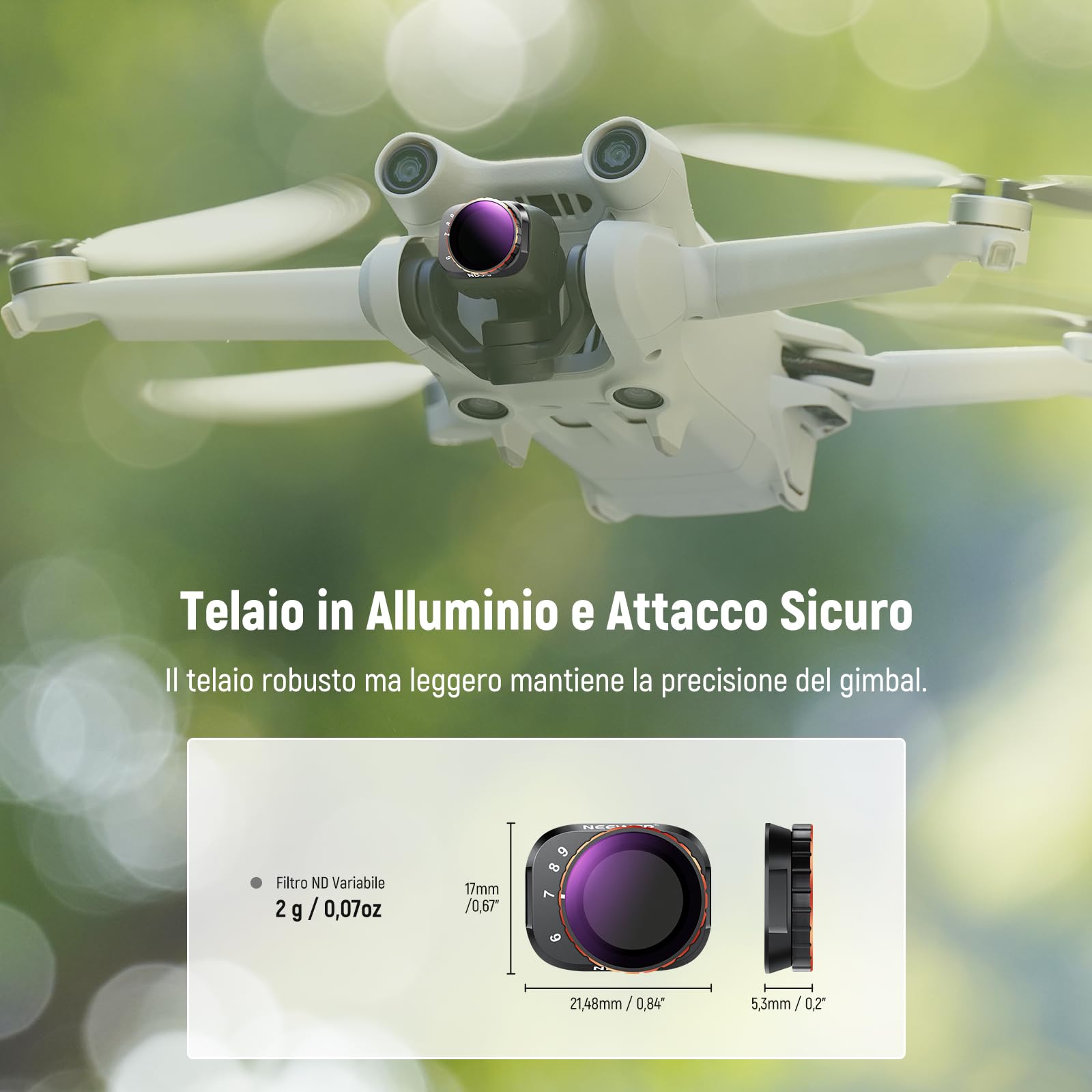 NEEWER Filtro ND Variabile Compatibile con DJI Mini 3 Pro, ND32-512 5-9 Stop a Scatto Vetro Ottico HD Multistrato Telaio Sottile in Metallo per Fotocamera Drone per Video, Accessori Fotografia Aerea