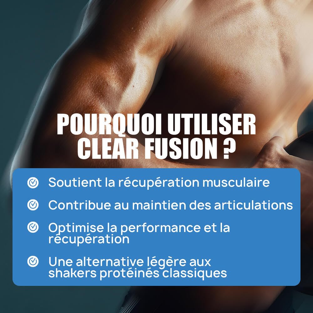 CLEAR FUSION - Protéine Clear Whey 84% - Collagène & Acide Hyaluronique - Faible en Sucres Sans Matières Grasses - 500g - Boisson Protéinée Légère Saveur Passion - Eric Favre