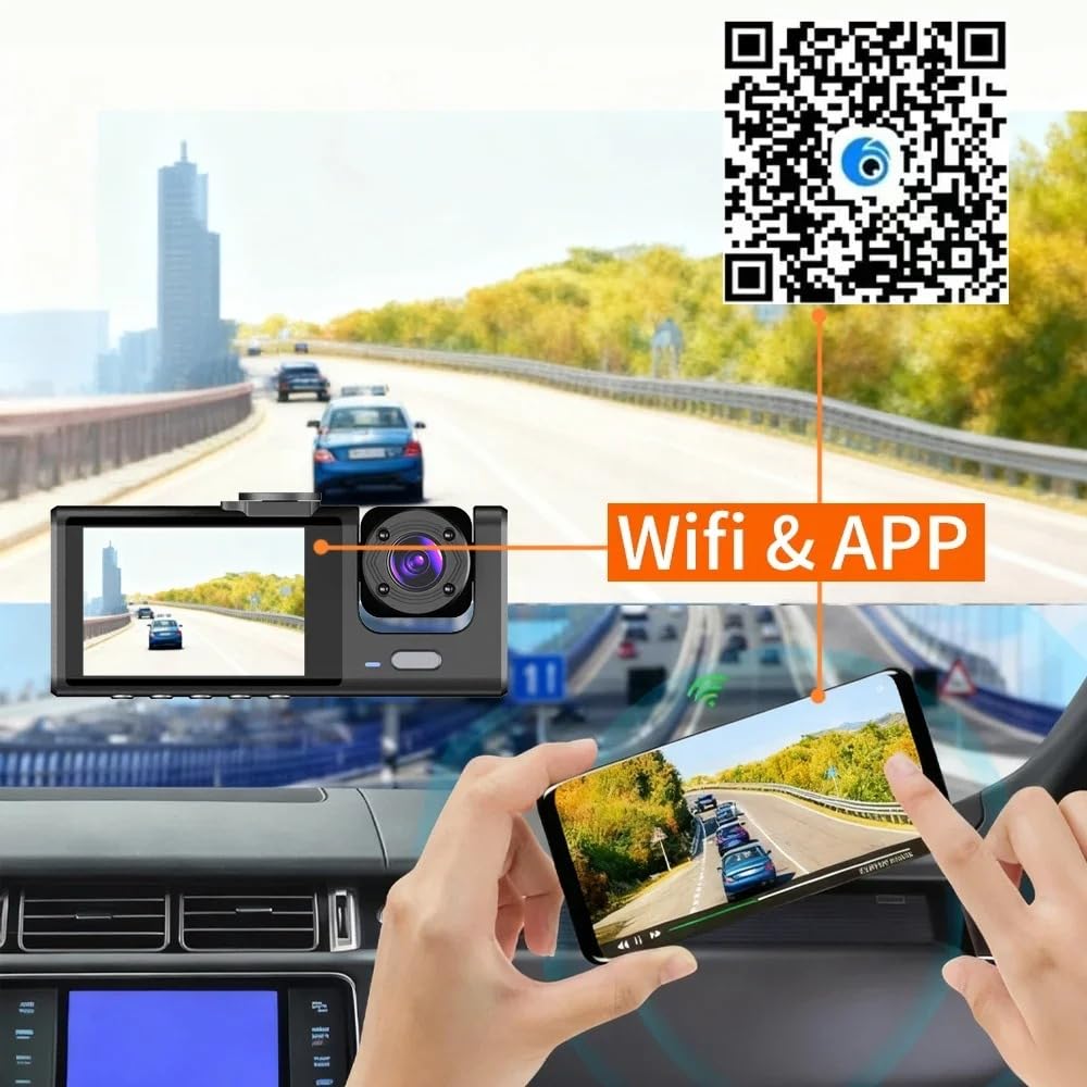 Dashcam Wi-fi Auto, Telecamera per auto con APP Integrata Fronte Retro Full HD DVR 1080P, Grandangolo 170° WRD con Schermo 2'', Visione Notturna Rilevazione del Movimento, Controllo da Smartphone