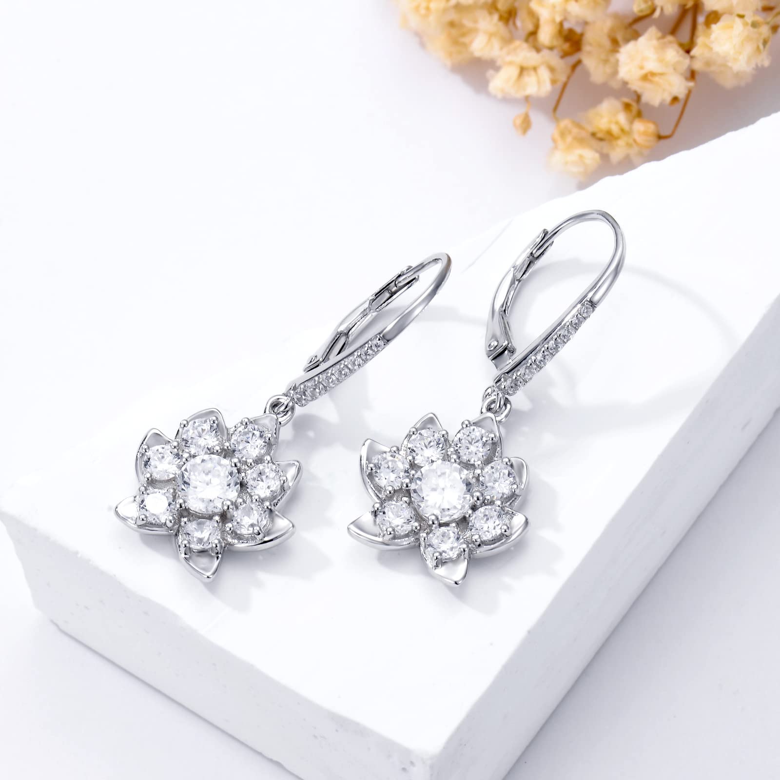 VONALA Sterling Silver Flower/Lotus/Square Leverback Earrings for Women Crystal Dangle Drop Earrings Cubic Zirconia Dangling Earrings for Women Teens Gift