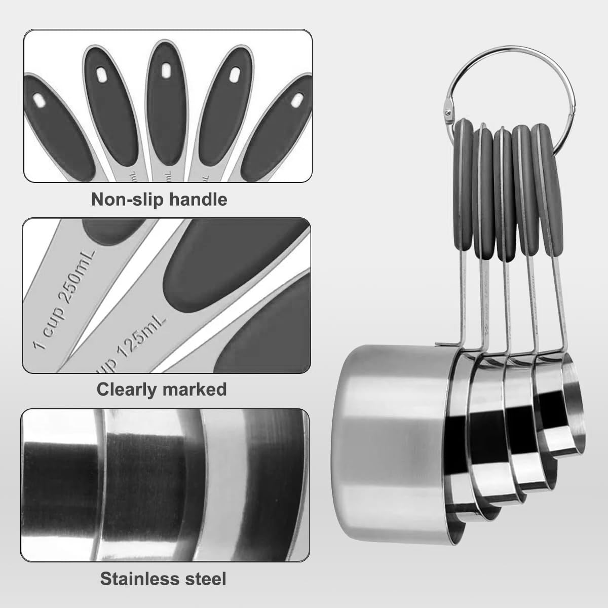 Juego de tazas y cucharas medidoras, juego de 10 tazas y cucharas medidoras de acero inoxidable, cucharas medidoras con mango de silicona para cocina, cocina, hornear (negro)
