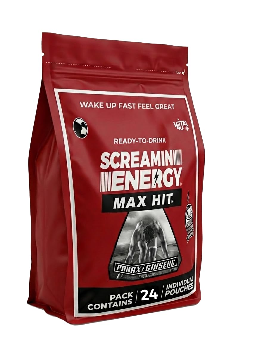 Screamin Energy Max Hit - Energy Shots Extra Strength with Ginseng & Caffeine - 100% B-1, B-2, B-3, B-6, B-7 and B12 Coffee Mocha, 24 Count