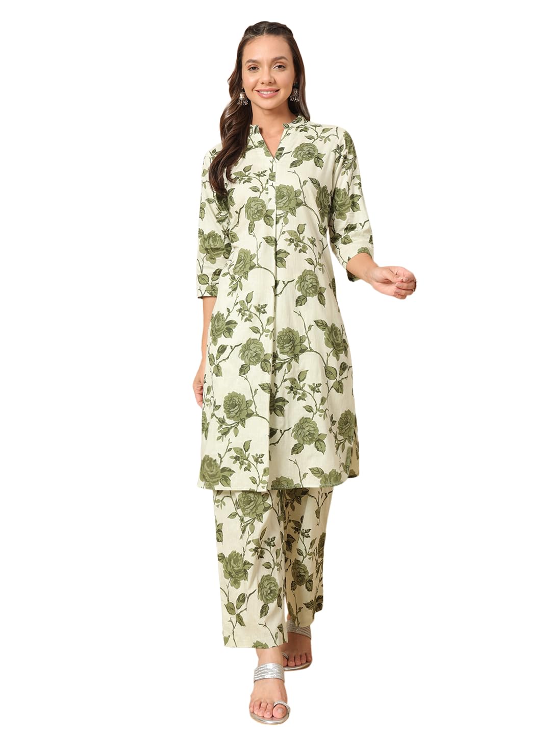 FIORRA Women’s Pista Green Cotton Straight Kurta with Pant Co-ord Set