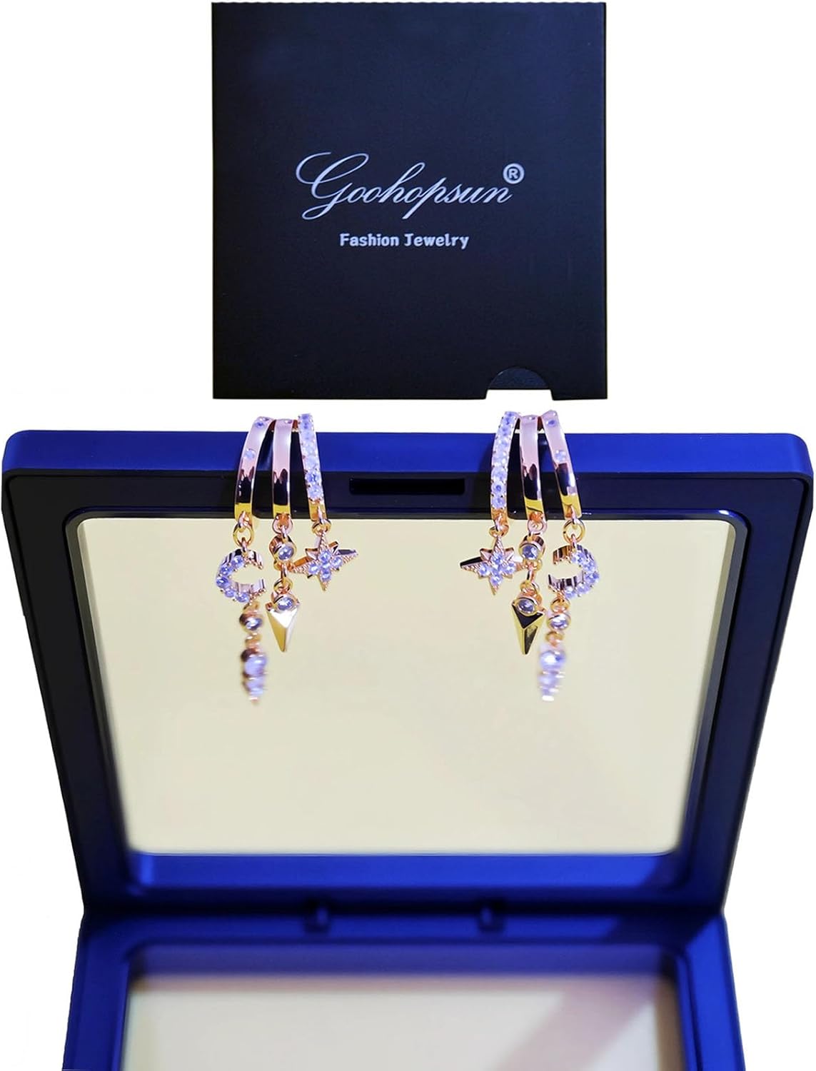 Gold Dangle Earrings Stack for Women Trendy, Dainty 14K Gold Plated Hypoallergenic Triple Huggie Moon and Star Celestial Small Hoop Drop Earrings Cute Statement Valentine Earrings Jewelry aretes de mujer - Image 4