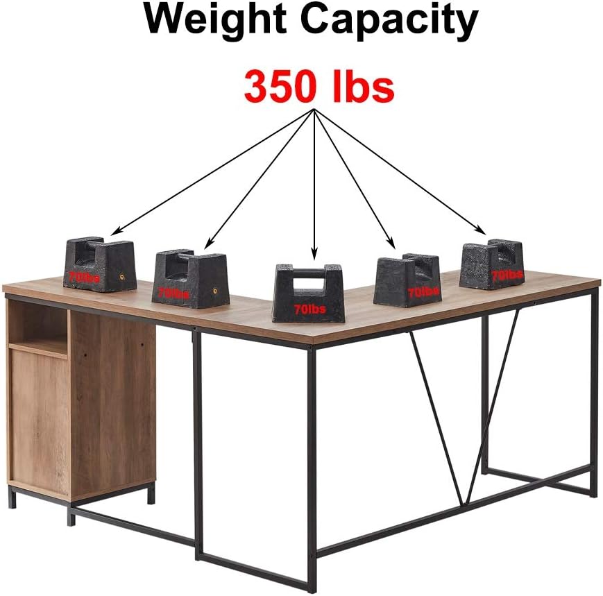 Diagram showing two assembly options for the L-shaped desk: one with the cabinet on the right and another with the cabinet on the left.