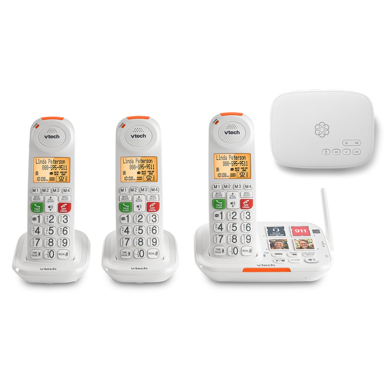 Ooma Senior Home Phone Service Bundle with 24/7 Concierge Plan. Personal Setup Assistance, Address-Based 911 and Text alerts, Call Blocking. 3 Amplified handsets, Photo dial. Subscription Required