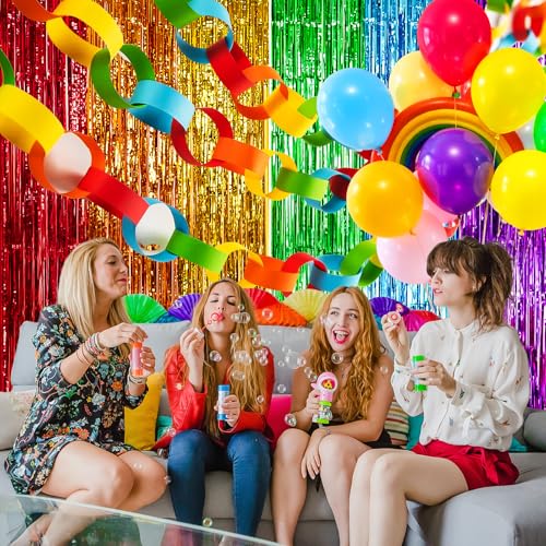 Image of Rainbow Foil Fringe Curtains, 2 Pack 3.3x6.6ft Rainbow Metallic Tinsel Metallic Streamers Holiday Photo Booth Props Backdrop for Rainbow Birthday Wedding Bridal Shower New Years Party Decorations