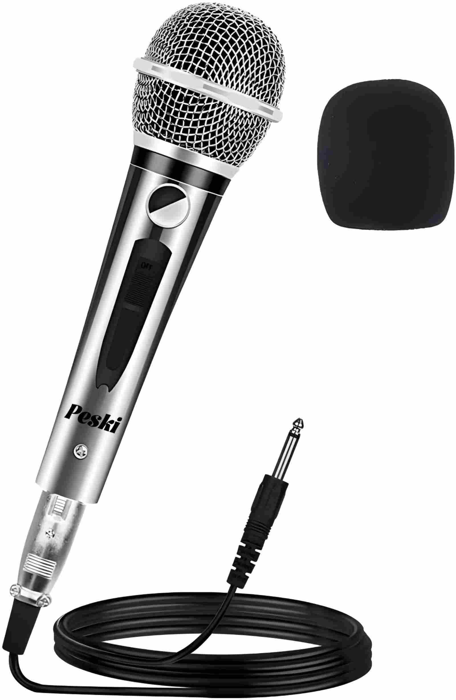 Image of the Peski Wired Dynamic Karaoke Microphone with its 13ft XLR to 1/4 inch cable, connected to a portable speaker.