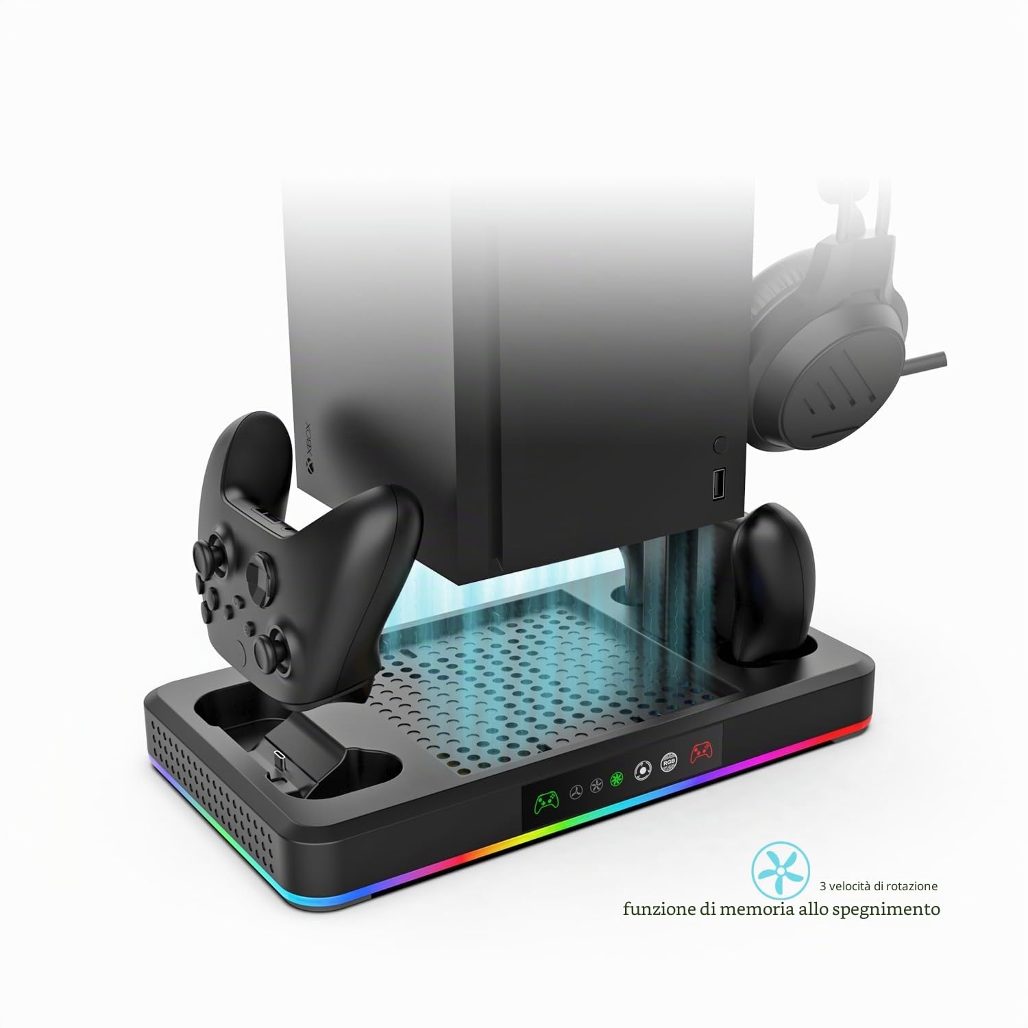 Base host per Xbox Series X/S con ventola di raffreddamento Supporto multifunzionale RGB, gancio cuffie, sistema raffreddamento ventola ospite, accessori batterie