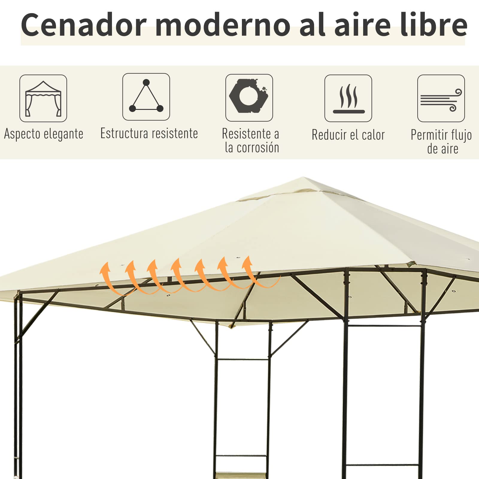 Outsunny Cenador de Jardín Gazebo 3x3x2,6 m con Marco de Acero Patio Crema | Pabellón de Exterior, 8 Orificios de Drenaje, Impermeable
