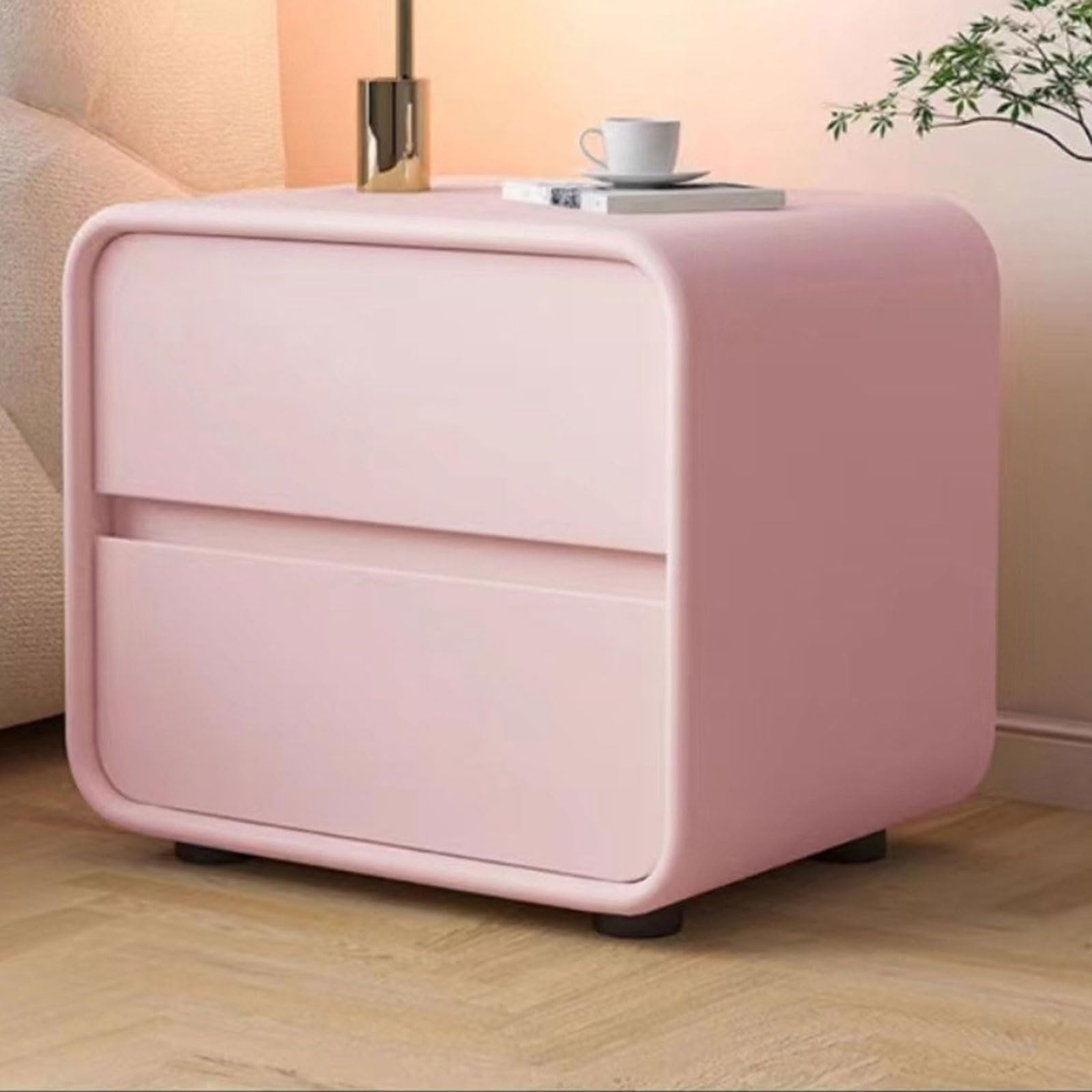SXZenSpace Modern Solid Wood Bedside Table, Cream Storage Cabinet, Stylish Pink Nightstand for Bedroom, Simple Design, 50x40x48 cm, Perfect Home Decor