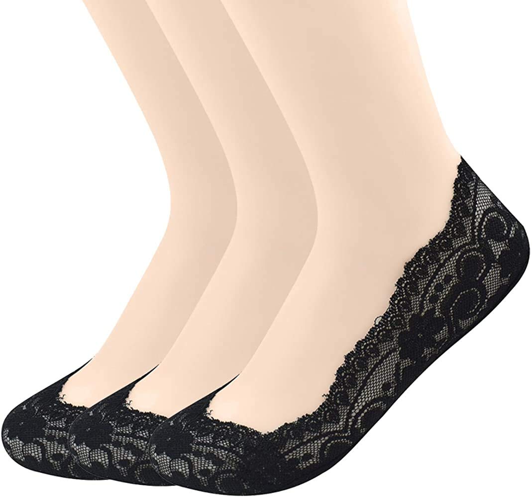 PLUMBURYWomen's/Girl's Anti-Skid Lace No Show Socks/Footie/Sock Liner/Foot cover (Pack Of 3)