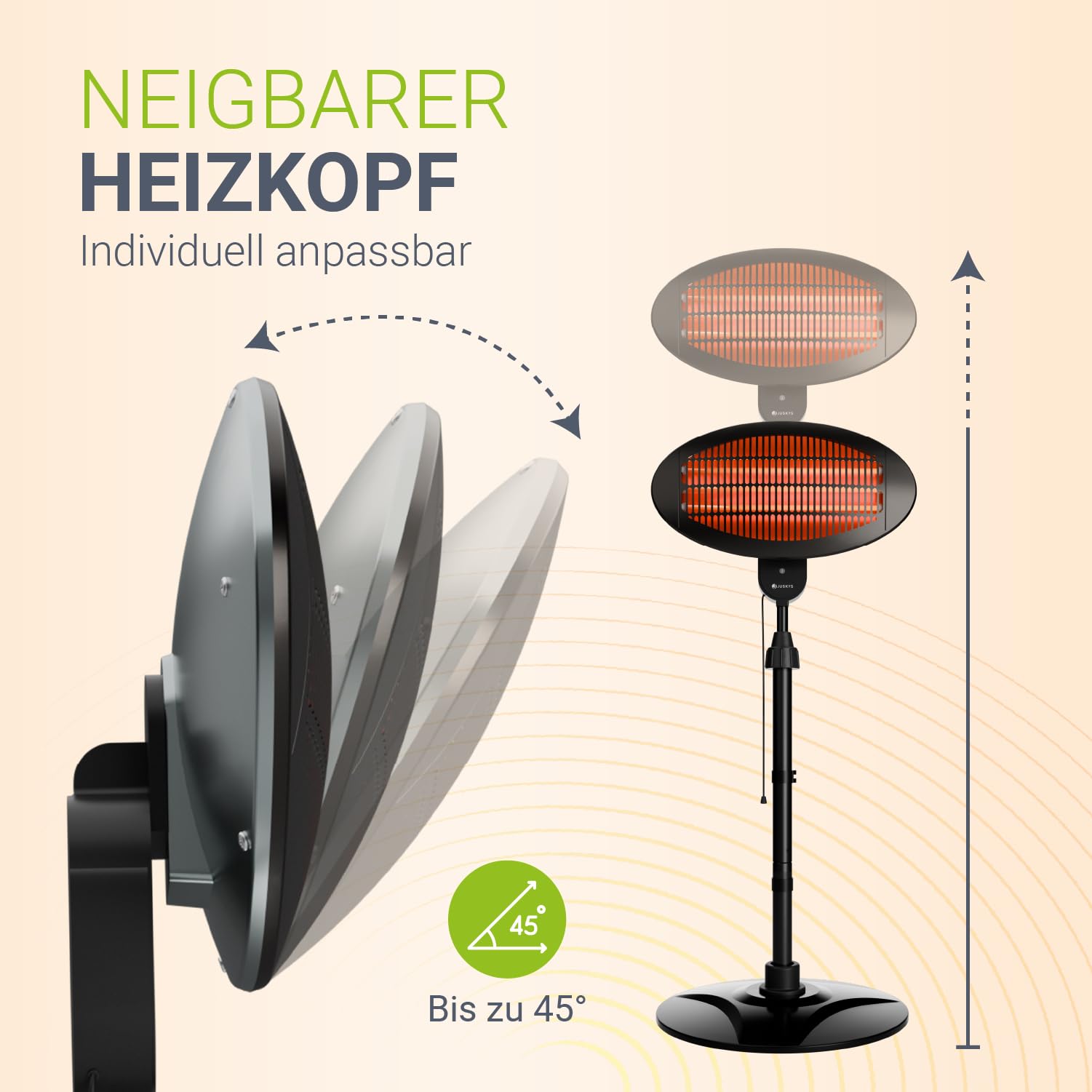 Juskys Infrarotstrahler 2000 W – Heizstrahler in Schwarz, höhenverstellbarer Standheizstrahler, 3 Heizstufen für Terrasse & Garten