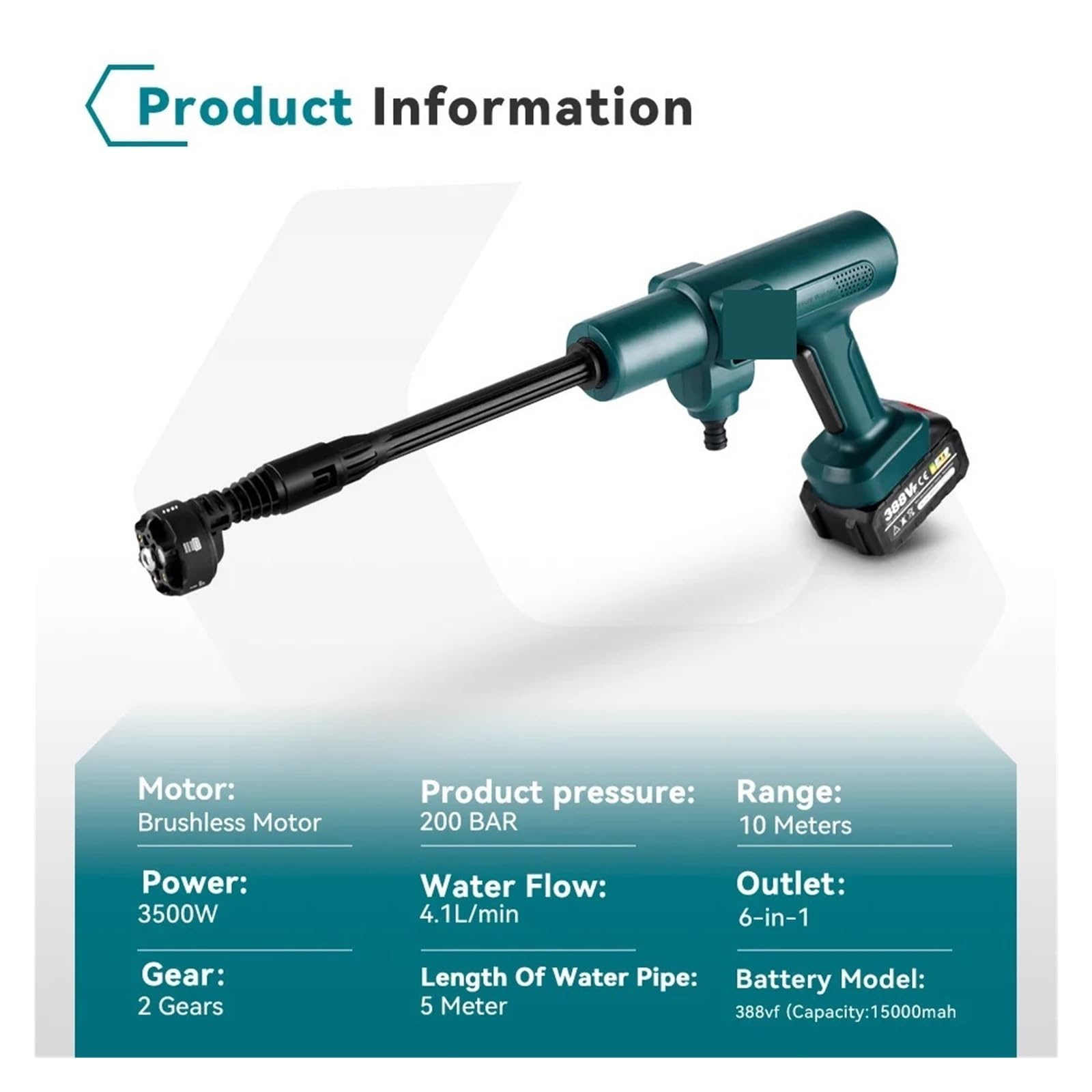 Pistola ad Acqua elettrica ad Alta Pressione Senza spazzole da 200 Bar, Strumenti Ricaricabili Senza Fili for Giardino Domestico for Batteria da 18 V | No Battery