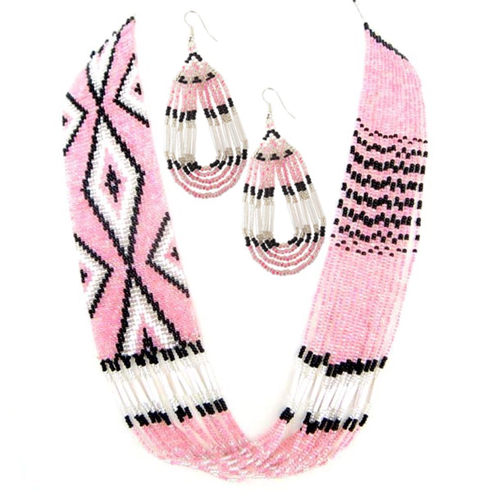 La vivia Handmade Beaded Indian Jewelry Pink Seed Beaded Geometric Pattern Bead Work Layered Necklace Earrings Set S38/16