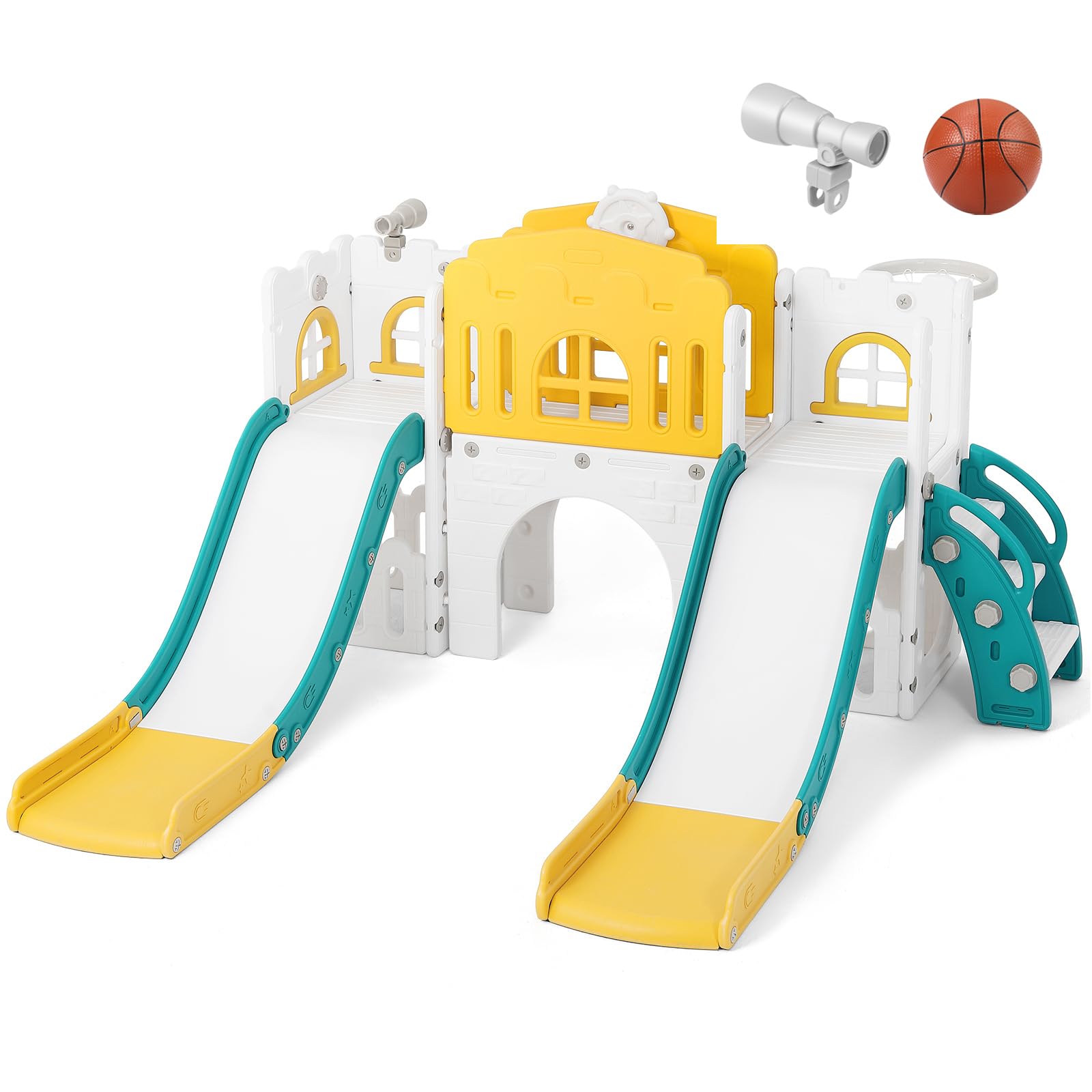 9 in 1 Kids Slide, Toddler Slide, Garden Climbing Frame with Double Slides, Basketball Hoop, Tunnel, Telescope, Storage Space, Indoor Outdoor Playground Playset, Kids Gift for Age 1-3+