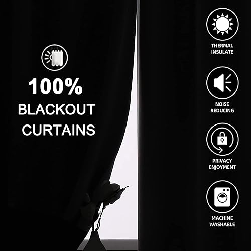 Miniatura 2 de OVZME Hani Cortinas 100% opacas de 84 pulgadas de largo, 2 paneles para dormitorio, bloqueo de luz completa, con textura negra, aislamiento térmico,