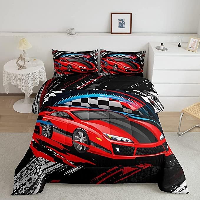 Car Bedding Set for Boys King Size Racing Sports Car Comforter Kids Extreme Sports Comforter Set Girls Teens Cool Speed Automobile Decor Bed Duvet Set Soft Lightweight Boys Multi 8024 King