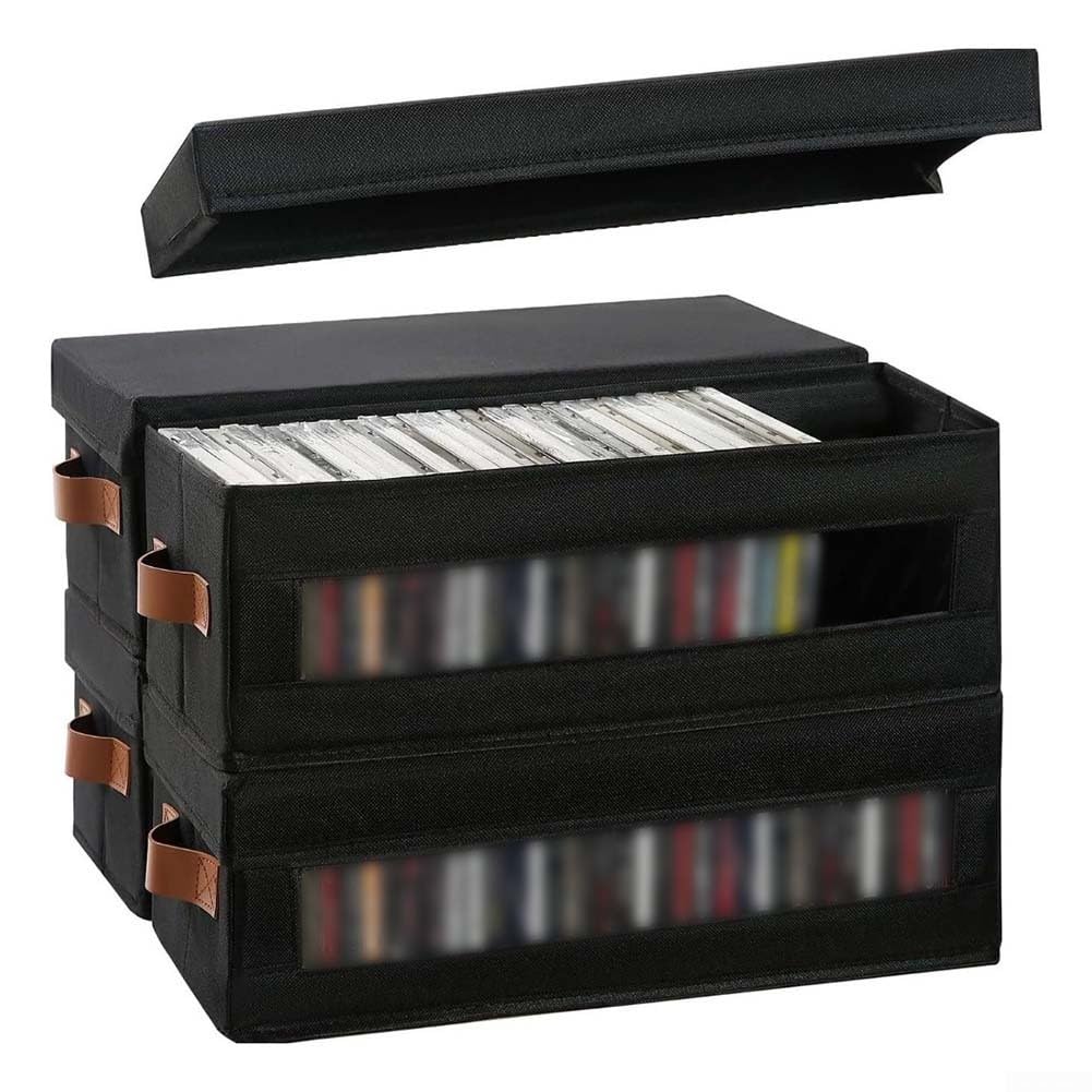 Scatola CD con Finestra per trasparente, Contenitore Impilabile per 148 Dischi in Custodia, Organizer Pieghevole in Tessuto Oxford Nero 40x15.5x13.5cm