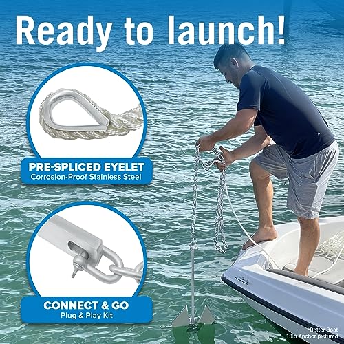 Image of Boat Anchor Kit with Rope and Chain, Heavy Duty Fluke Anchor for Boats | Hot Dip Galvanized Steel, Pontoon Sailboat Fishing Deck, Multiple Sizes, Better Boat
