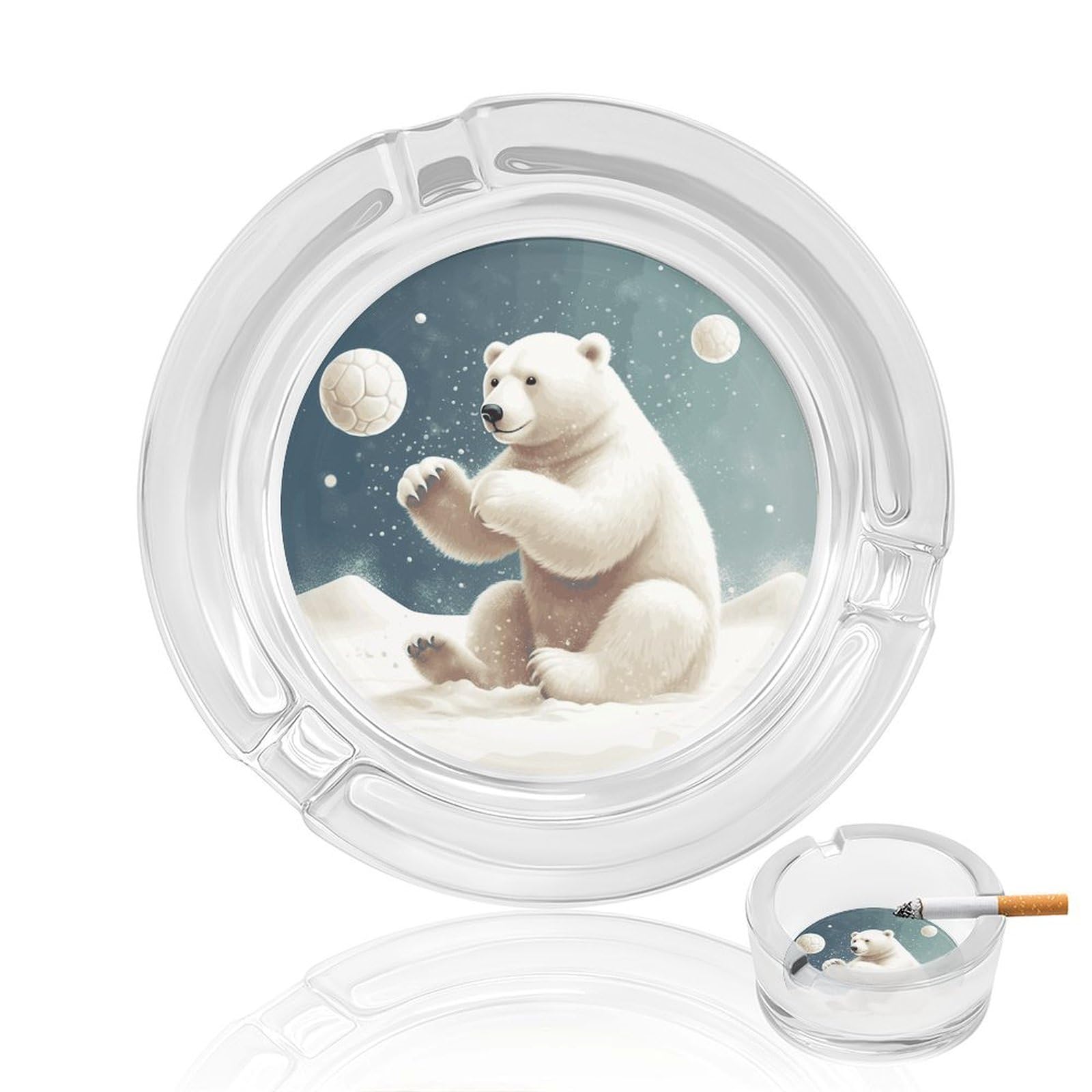 Funny Polar Bear Playing Snowball Glass Ashtray for Cigarette,Cigarette Ashtray for Indoor Or Outdoor Use,Cigar ash trays case with 3 Notches-Glass Decor Gift for Men Smokers
